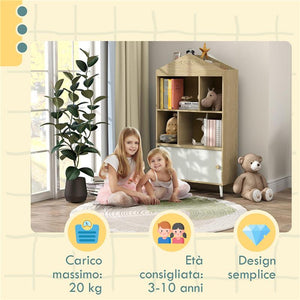 LIBRERIA PER BAMBINI  IN LEGNO CON RIPIANI APERTI E ARMADIETTO INFERIORE 80X30X140.5 CM BIANCO E COLOR LEGNO