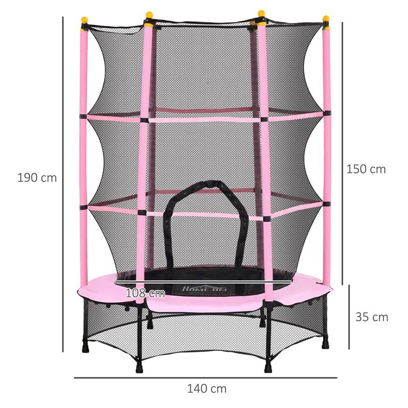 TAPPETO ELASTICO PER BAMBINI CON RETE DI SICUREZZA E PALI IMBOTTITI ETÀ 3-10 ANNI Ø 140 X 190 CM ROSA