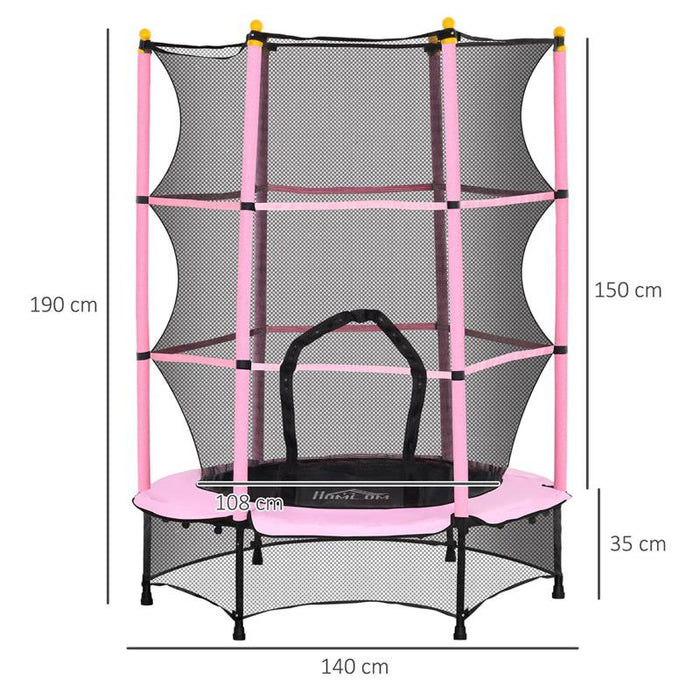 TAPPETO ELASTICO PER BAMBINI CON RETE DI SICUREZZA E PALI IMBOTTITI ETÀ 3-10 ANNI Ø 140 X 190 CM ROSA