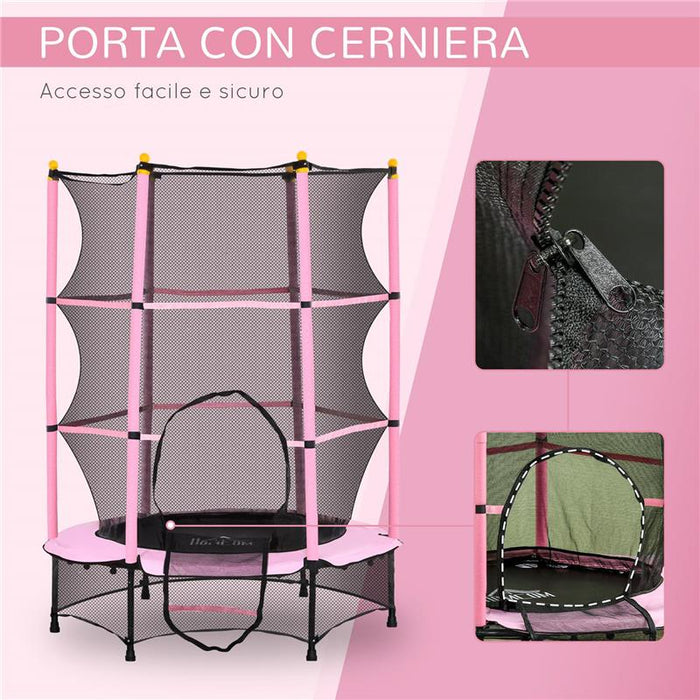 TAPPETO ELASTICO PER BAMBINI CON RETE DI SICUREZZA E PALI IMBOTTITI ETÀ 3-10 ANNI Ø 140 X 190 CM ROSA