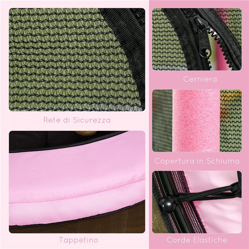 TAPPETO ELASTICO PER BAMBINI CON RETE DI SICUREZZA E PALI IMBOTTITI ETÀ 3-10 ANNI Ø 140 X 190 CM ROSA