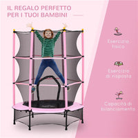 TAPPETO ELASTICO PER BAMBINI CON RETE DI SICUREZZA E PALI IMBOTTITI ETÀ 3-10 ANNI Ø 140 X 190 CM ROSA