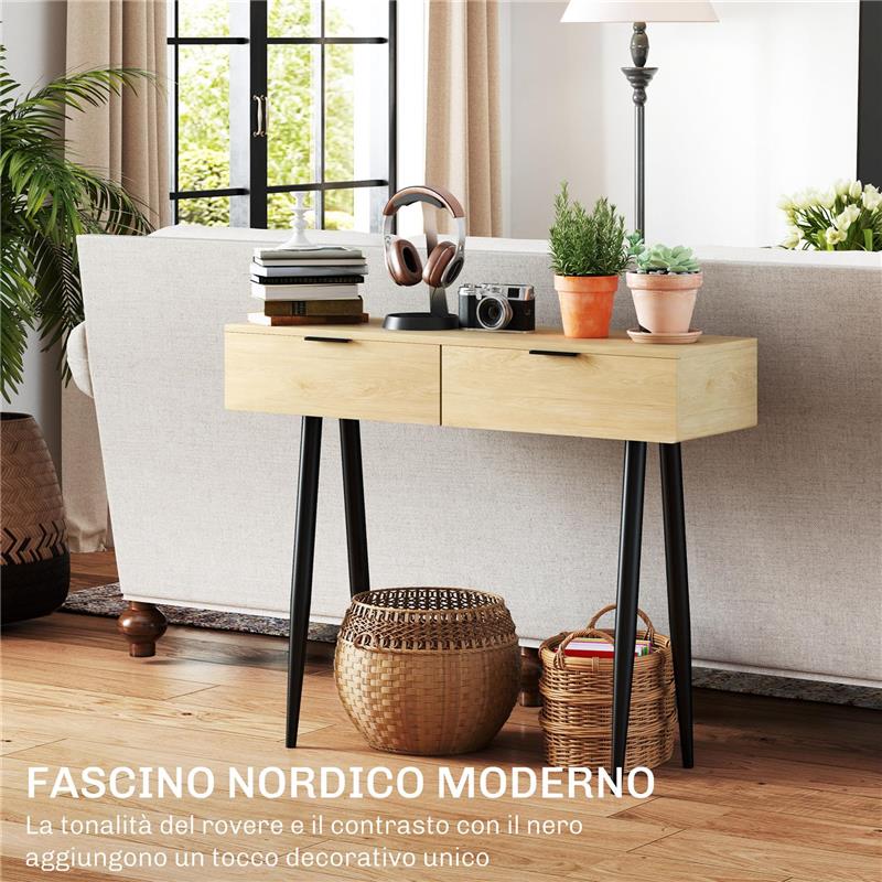 CONSOLLE DA INGRESSO IN STILE NORDICO CON 2 CASSETTI IN LEGNO E ACCIAIO 100X30X80.5 CM ROVERE