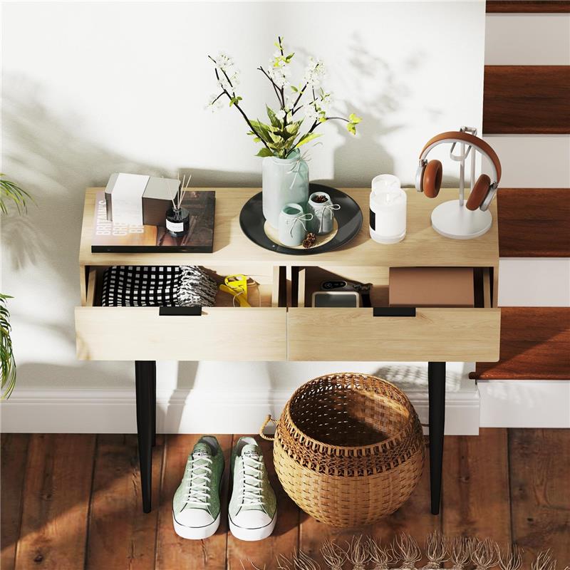 CONSOLLE DA INGRESSO IN STILE NORDICO CON 2 CASSETTI IN LEGNO E ACCIAIO 100X30X80.5 CM ROVERE