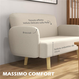 DIVANO 2 POSTI MODERNO EFFETTO VELLUTO CON IMBOTTITURA SPESSA 140X74X79 CM BIANCO CREMA