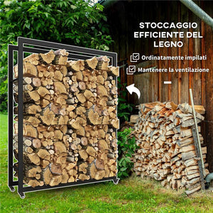 PORTALEGNA DA ESTERNO E INTERNO CON RUOTE LEGNAIA IN ACCIAIO CON CAPACITÀ 0.43M³ 120X32X151CM NERO