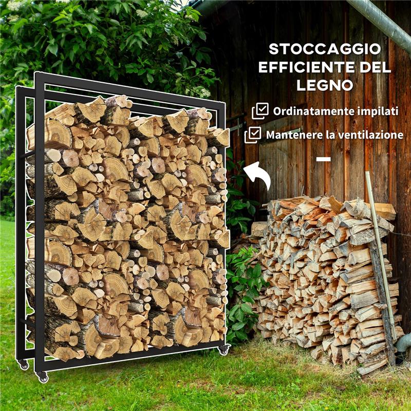 PORTALEGNA DA ESTERNO E INTERNO CON RUOTE LEGNAIA IN ACCIAIO CON CAPACITÀ 0.43M³ 120X32X151CM NERO