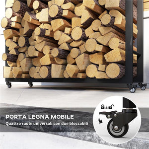 PORTALEGNA DA ESTERNO E INTERNO CON RUOTE LEGNAIA IN ACCIAIO CON CAPACITÀ 0.43M³ 120X32X151CM NERO