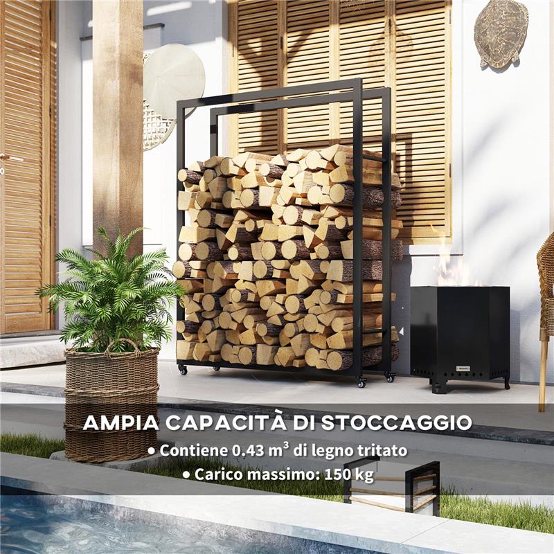 PORTALEGNA DA ESTERNO E INTERNO CON RUOTE LEGNAIA IN ACCIAIO CON CAPACITÀ 0.43M³ 120X32X151CM NERO