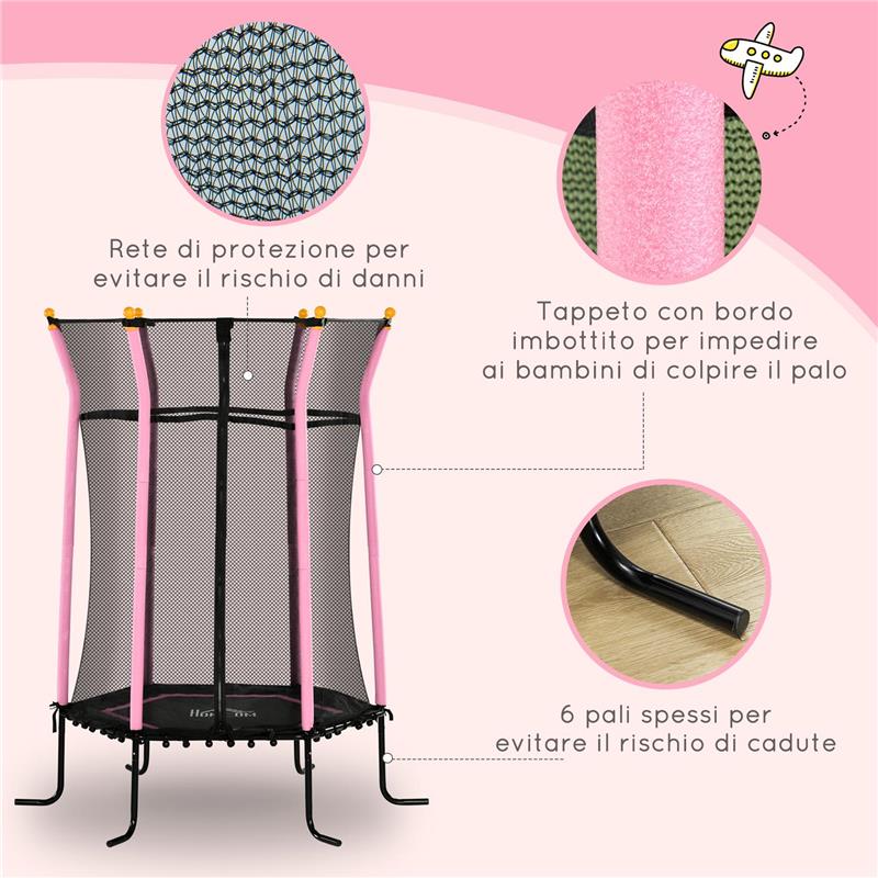 TAPPETO ELASTICO PER BAMBINI CON INGRESSO A CERNIERA E PALI IMBOTTITI IN ACCIAIO PP E EPE Ø 163.5X190 CM ROSA