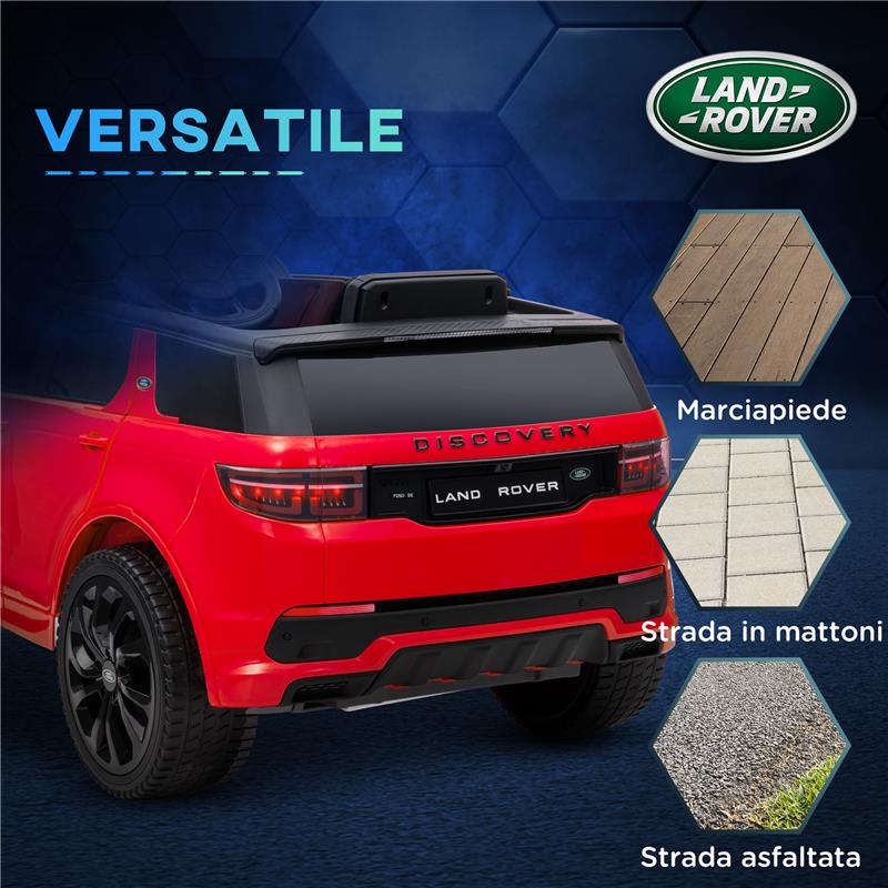 MACCHINA ELETTRICA PER BAMBINI A LICENZA LAND ROVER CON FARI CLACSON E CINTURA 106X65.5X51 CM ROSSO