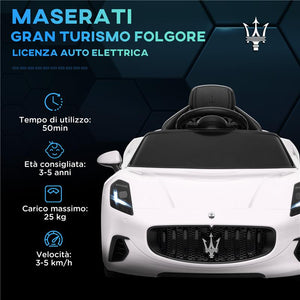 MACCHINA PER BAMBINI 12V MASERATI GRAN TURISMO FOLGORE CON TELECOMANDO ETÀ 3-5 ANNI BIANCO