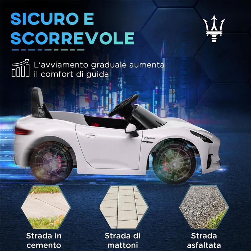 MACCHINA PER BAMBINI 12V MASERATI GRAN TURISMO FOLGORE CON TELECOMANDO ETÀ 3-5 ANNI BIANCO