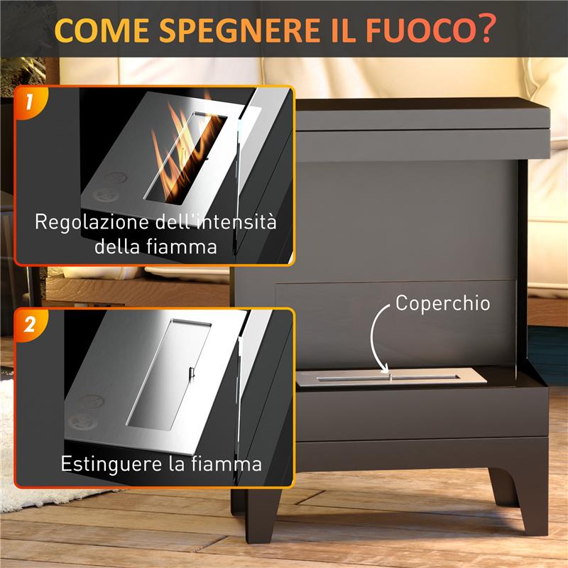 CAMINO A BIOETANOLO AUTOPORTANTE CON BRUCIATORE DA 0.9L E DURATA 3.3 ORE 38X22X54 CM NERO