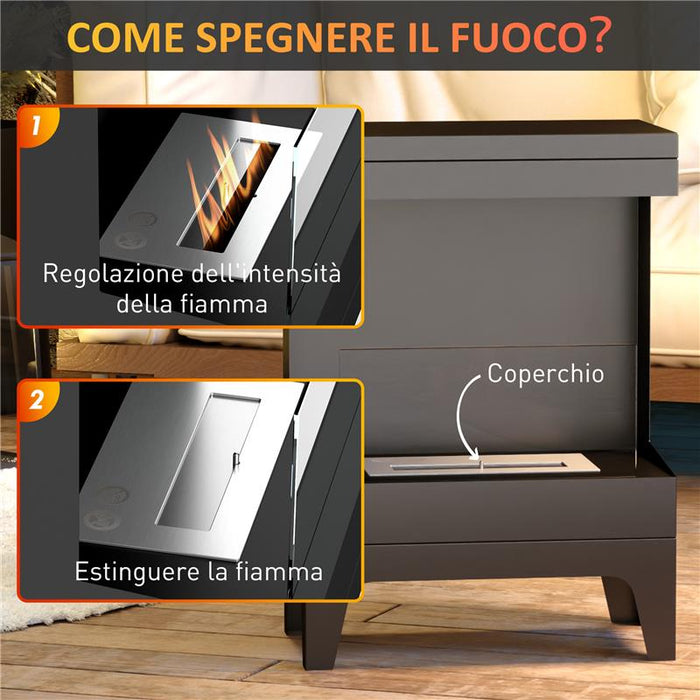 CAMINO A BIOETANOLO AUTOPORTANTE CON BRUCIATORE DA 0.9L E DURATA 3.3 ORE 38X22X54 CM NERO