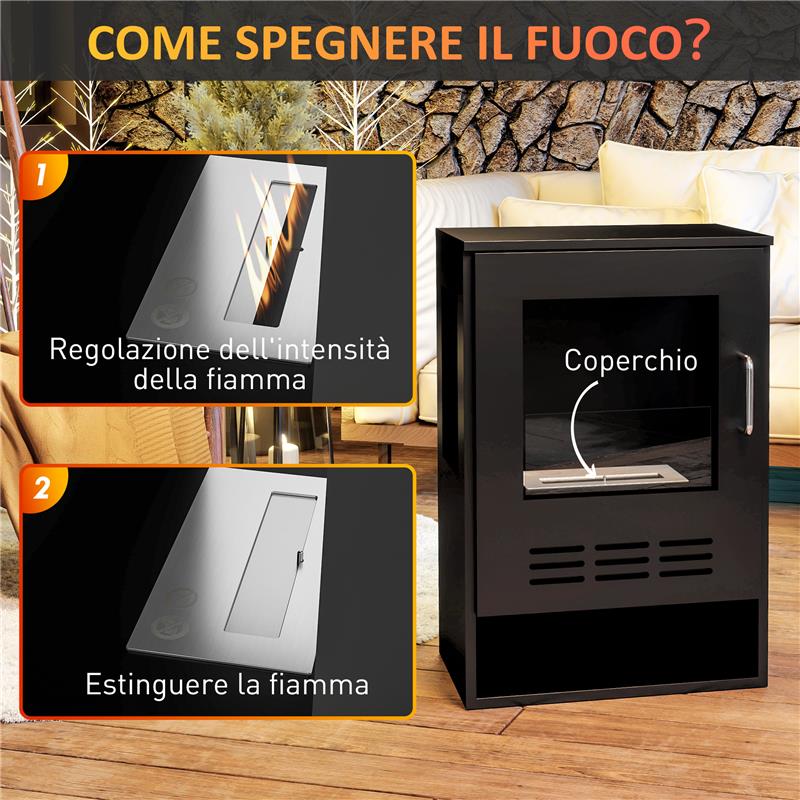 CAMINO A BIOETANOLO AUTOPORTANTE CON BRUCIATORE DA 0.9L E DURATA 3.3 ORE 44X28X68 CM NERO
