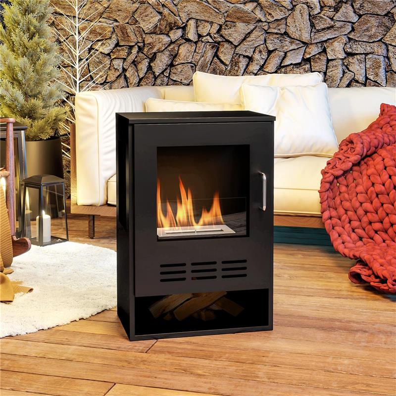 CAMINO A BIOETANOLO AUTOPORTANTE CON BRUCIATORE DA 0.9L E DURATA 3.3 ORE 44X28X68 CM NERO