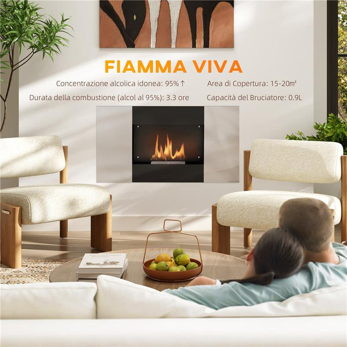 CAMINO A BIOETANOLO 0.9L DA PARETE CON PANNELLO PROTETTIVO IN ACCIAIO INOX E VETRO 100X15X54 CM NERO E ARGENTO