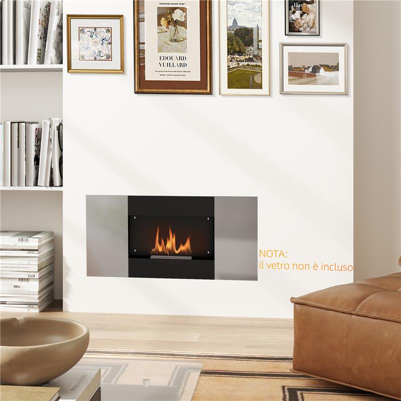 CAMINO A BIOETANOLO 0.9L DA PARETE CON PANNELLO PROTETTIVO IN ACCIAIO INOX E VETRO 100X15X54 CM NERO E ARGENTO