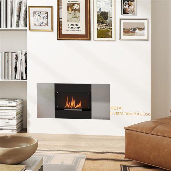 CAMINO A BIOETANOLO 0.9L DA PARETE CON PANNELLO PROTETTIVO IN ACCIAIO INOX E VETRO 100X15X54 CM NERO E ARGENTO