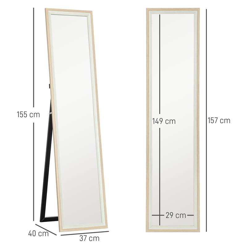 SPECCHIO MODERNO A FIGURA INTERA DA PARETE E AUTOPORTANTE 37X157 CM BIANCO E LEGNO