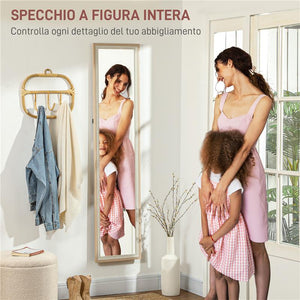 SPECCHIO MODERNO A FIGURA INTERA DA PARETE E AUTOPORTANTE 37X157 CM BIANCO E LEGNO
