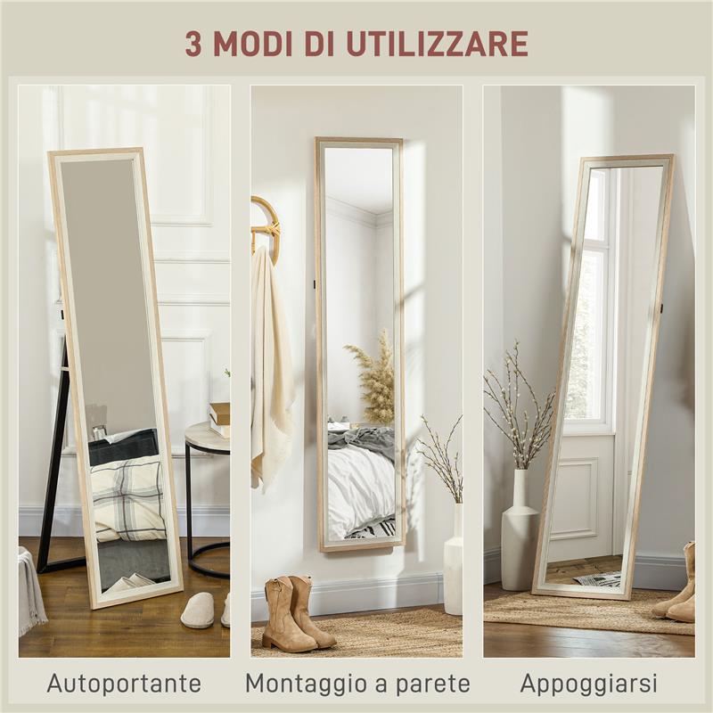 SPECCHIO MODERNO A FIGURA INTERA DA PARETE E AUTOPORTANTE 37X157 CM BIANCO E LEGNO