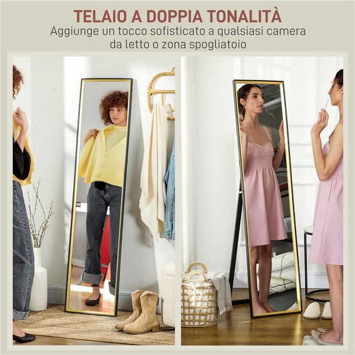 SPECCHIO A FIGURA INTERA CON SUPPORTO POSTERIORE E CORNICE IN LEGNO E VETRO 37X3X157 CM NERO E ORO