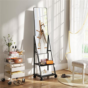 SPECCHIO VERTICALE DA TERRA CON 2 RIPIANI E 4 ROTELLE IN ACCIAIO E LEGNO 42X37X155 CM NERO