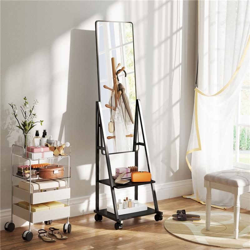 SPECCHIO VERTICALE DA TERRA CON 2 RIPIANI E 4 ROTELLE IN ACCIAIO E LEGNO 42X37X155 CM NERO