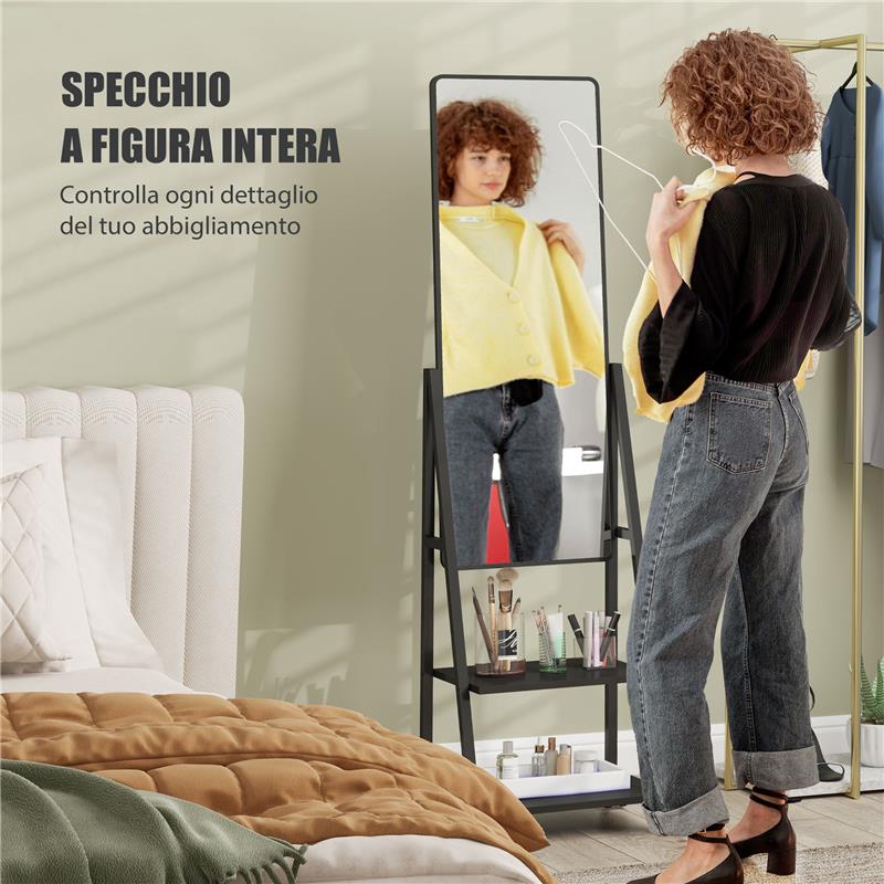 SPECCHIO VERTICALE DA TERRA CON 2 RIPIANI E 4 ROTELLE IN ACCIAIO E LEGNO 42X37X155 CM NERO