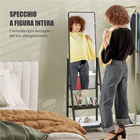 SPECCHIO VERTICALE DA TERRA CON 2 RIPIANI E 4 ROTELLE IN ACCIAIO E LEGNO 42X37X155 CM NERO