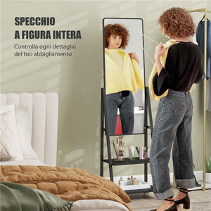 SPECCHIO VERTICALE DA TERRA CON 2 RIPIANI E 4 ROTELLE IN ACCIAIO E LEGNO 42X37X155 CM NERO