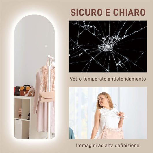 SPECCHIO DA PARETE AD ARCO CON ILLUMINAZIONE LED REGOLABILE E CONTROLLO TOUCH IN VETRO TEMPERATO 40X3X120 CM
