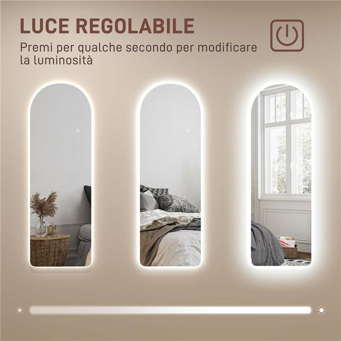 SPECCHIO DA PARETE AD ARCO CON ILLUMINAZIONE LED REGOLABILE E CONTROLLO TOUCH IN VETRO TEMPERATO 40X3X120 CM