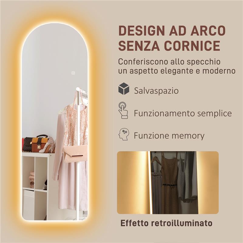SPECCHIO DA PARETE AD ARCO CON ILLUMINAZIONE LED REGOLABILE E CONTROLLO TOUCH IN VETRO TEMPERATO 40X3X120 CM