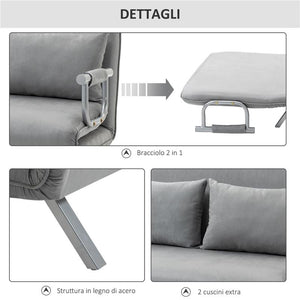 DIVANO LETTO SINGOLO IN FINTA PELLE CON SEDUTA REGOLABILE IN 5 POSIZIONI 105X80X78 CM GRIGIO CHIARO