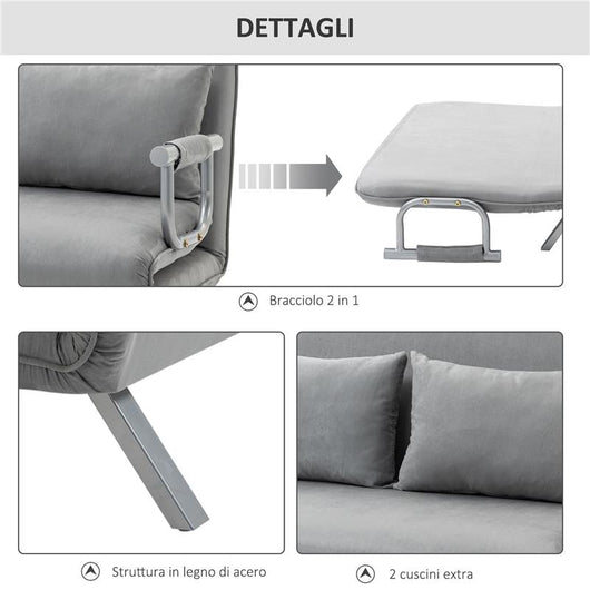 DIVANO LETTO SINGOLO IN FINTA PELLE CON SEDUTA REGOLABILE IN 5 POSIZIONI 105X80X78 CM GRIGIO CHIARO