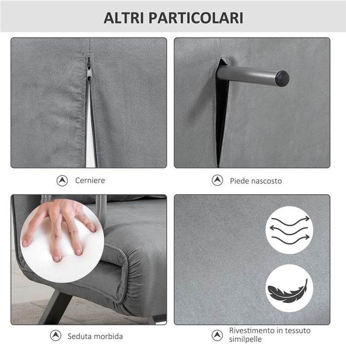 DIVANO LETTO SINGOLO IN FINTA PELLE CON SEDUTA REGOLABILE IN 5 POSIZIONI 105X80X78 CM GRIGIO CHIARO