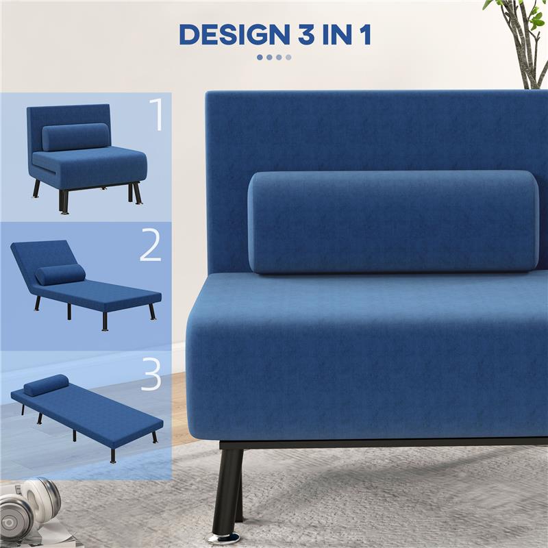 POLTRONA LETTO CON SCHIENALE REGOLABILE IN 5 POSIZIONI IN TESSUTO EFFETTO LINO E ACCIAIO 75X70X75 CM BLU SCURO