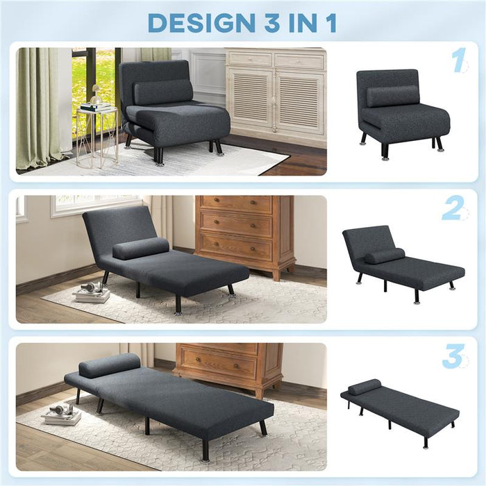 POLTRONA LETTO 3 IN 1 CON SCHIENALE REGOLABILE E CUSCINO IN TESSUTO EFFETTO LINO E ACCIAIO GRIGIO SCURO