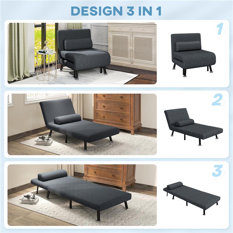 POLTRONA LETTO 3 IN 1 CON SCHIENALE REGOLABILE E CUSCINO IN TESSUTO EFFETTO LINO E ACCIAIO GRIGIO SCURO