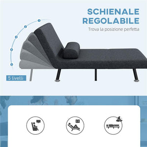 POLTRONA LETTO 3 IN 1 CON SCHIENALE REGOLABILE E CUSCINO IN TESSUTO EFFETTO LINO E ACCIAIO GRIGIO SCURO