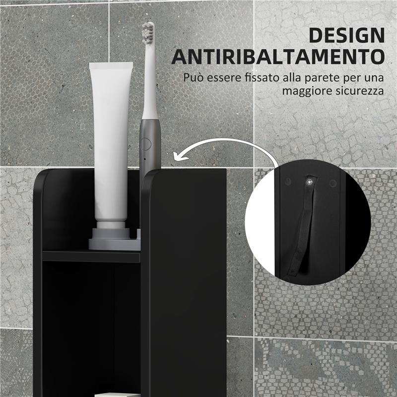COLONNA BAGNO CON MENSOLE E ARMADIETTI MOBILE ALTO SALVASPAZIO IN LEGNO 15X17X120 CM NERO