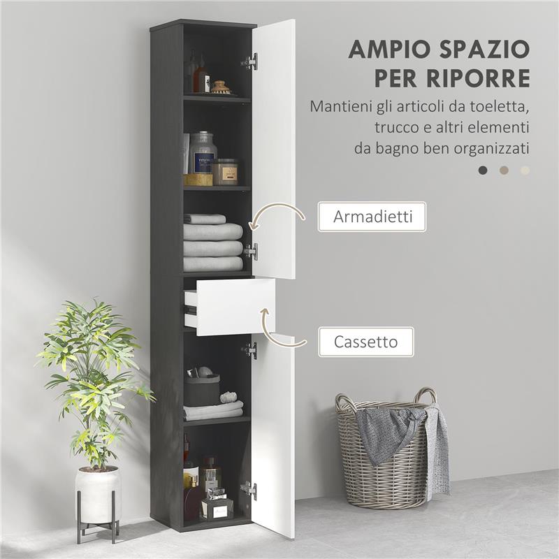 COLONNA BAGNO SALVASPAZIO IN LEGNO CON 2 ARMADIETTI E CASSETTO 30X28X180 CM NERO