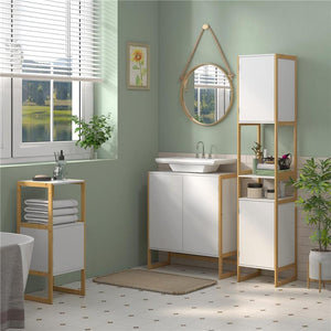 MOBILE SOTTOLAVABO BAGNO CON 2 ANTE A PRESSIONE IN BAMBÙ E MDF CON INTAGLIO A U 70X33X79.5 CM BIANCO