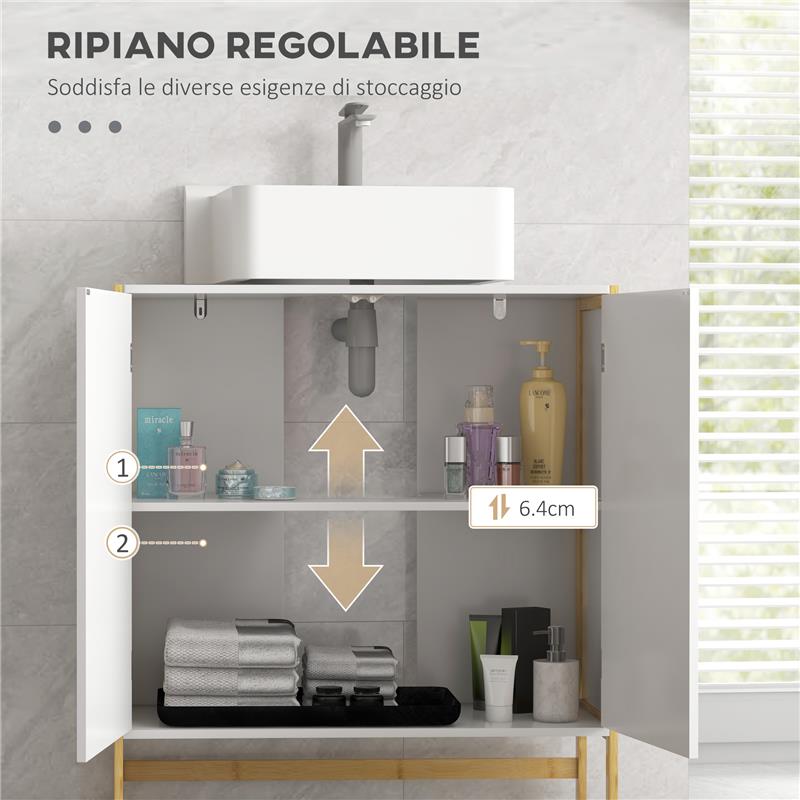 MOBILE SOTTOLAVABO BAGNO CON 2 ANTE A PRESSIONE IN BAMBÙ E MDF CON INTAGLIO A U 70X33X79.5 CM BIANCO