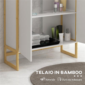 MOBILE SOTTOLAVABO BAGNO CON 2 ANTE A PRESSIONE IN BAMBÙ E MDF CON INTAGLIO A U 70X33X79.5 CM BIANCO