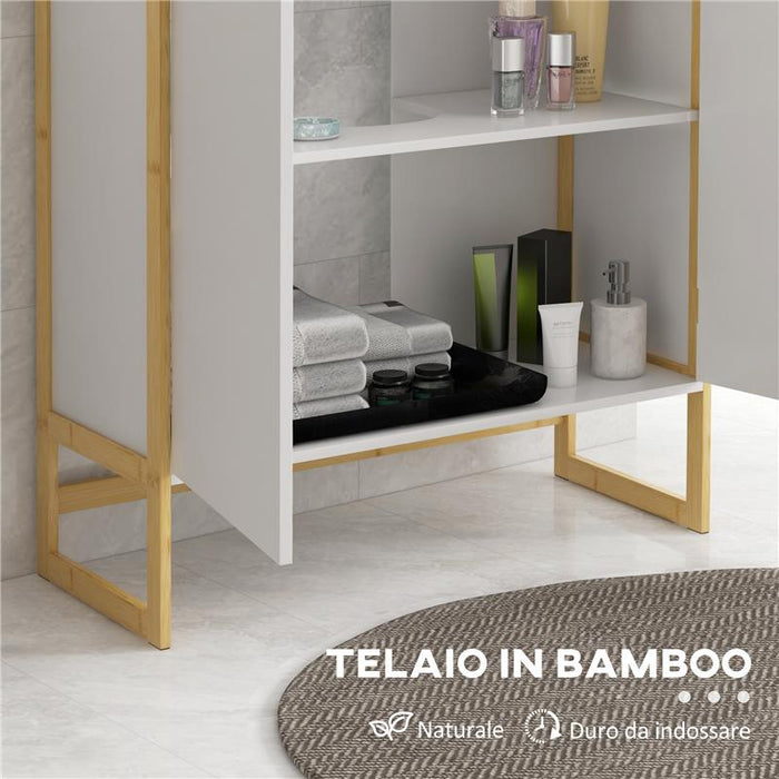 MOBILE SOTTOLAVABO BAGNO CON 2 ANTE A PRESSIONE IN BAMBÙ E MDF CON INTAGLIO A U 70X33X79.5 CM BIANCO