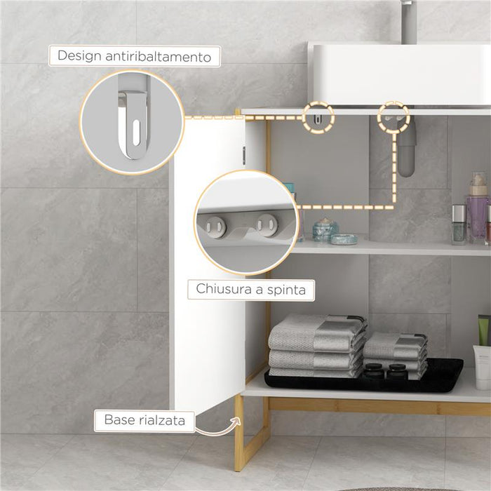 MOBILE SOTTOLAVABO BAGNO CON 2 ANTE A PRESSIONE IN BAMBÙ E MDF CON INTAGLIO A U 70X33X79.5 CM BIANCO